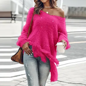 2026 ChicMe Women's V-Neck Long Sleeve Sweater/Off-Shoulder Long Sleeve Knit Sweater Fringe Pullover Casual Tassel Fall Winter Top Elegant Glitter