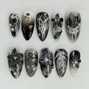 30Pcs Black Gothic Press on Nails Medium Almond Fake Nails Goth Flower Acrylic Nails with Silver Beads 3D Flowers Bow Gradient False Nail Gothic Full Cover Stick on Nails for Women Nail Designs