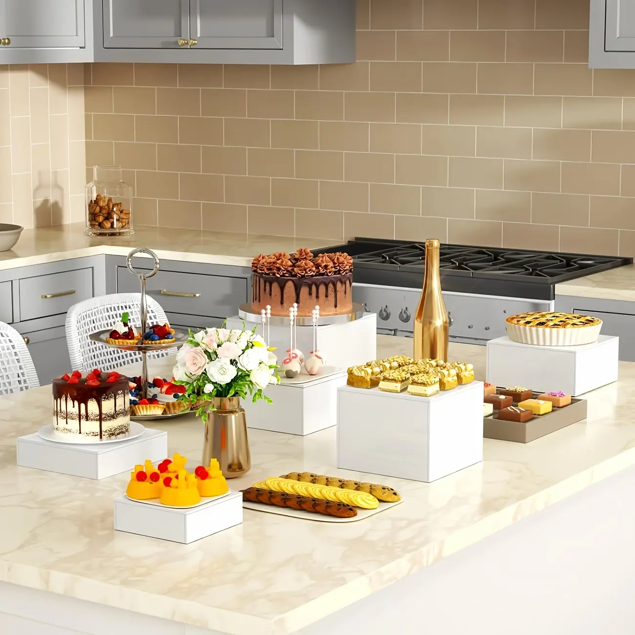 6pcs Nesting Buffet Risers Stackable Display Stands Space-Saving Tiered Height 1 to 8 Inches Multi-Level Stands for Dessert Table Wedding Retail Hollow Bottom Design