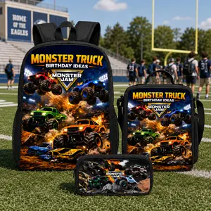 Monster Jam Backpack Set 3Pcs Polyester School Bag Lunch Bag Pencil Case Monster Truck Print Large Capacity Lightweight Back To School Travel Gift For Boys Girls Kids Teens Students