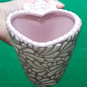 White Pink Top Heart Shaped Coffee Mug - Mid Sized - Mexican Hand Crafted - Talavera