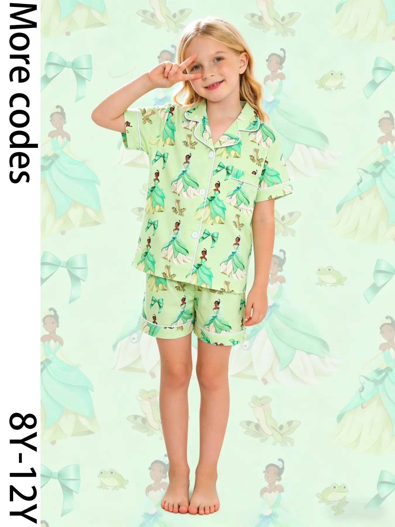 2-piece set of children's clothing with mint green base, full body bow, frog princess pattern printed short sleeved shorts, soft top, small pocket, elastic collar design, elastic waistband, daily casual sleepwear set, Cartoon Print Sleepwear