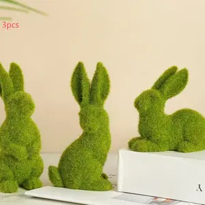 3pcs Easter Velvet Bunny Garden Decorations, Realistic Moss Cute Rabbit Desktop Ornaments, Adorable Easter Home Accessories