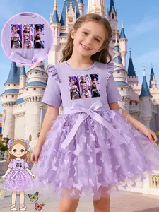 Girls' Butterfly Print Dress, Princess Party Dance Dress, Dreamy Elegant Design, Suitable for Camping, Travel, Parties, Light Striped Flutter Sleeve, Summer Dress