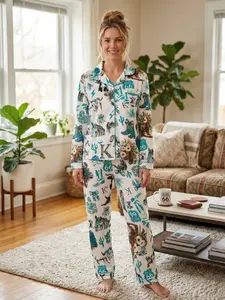 Women's Western Style Denim Animal Printed Sleepwear Set, Pajama Set, Long Sleeve Button-Down Top & Loose Comfortable Pants, Casual Home Wear, Loungewear, Pjs