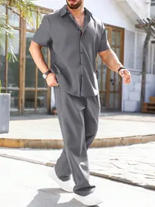 Men's Plus Size Dark Plain Classic Casual Set, Breathable Drapey Short Shirt & Straight Leg Pants, Daily Commute Men's Two-Piece Suit