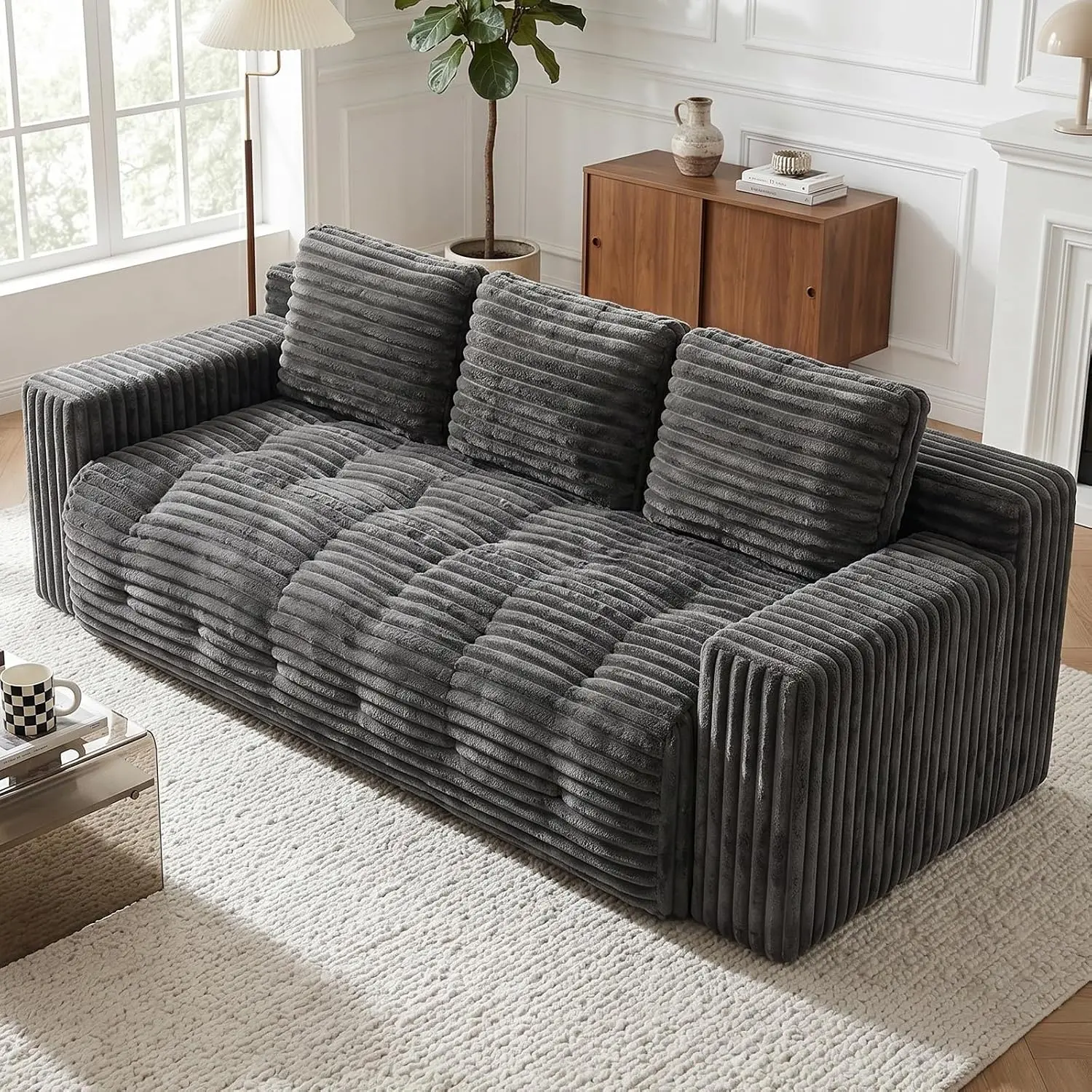70” Boneless Couch, 3 Seater Sofa Couch with Extra Deep Seats 3 Pillows,Corduroy Modern Small Couch for Living Room, Office, Bedroom, Apartment,Grey,Black,Beige