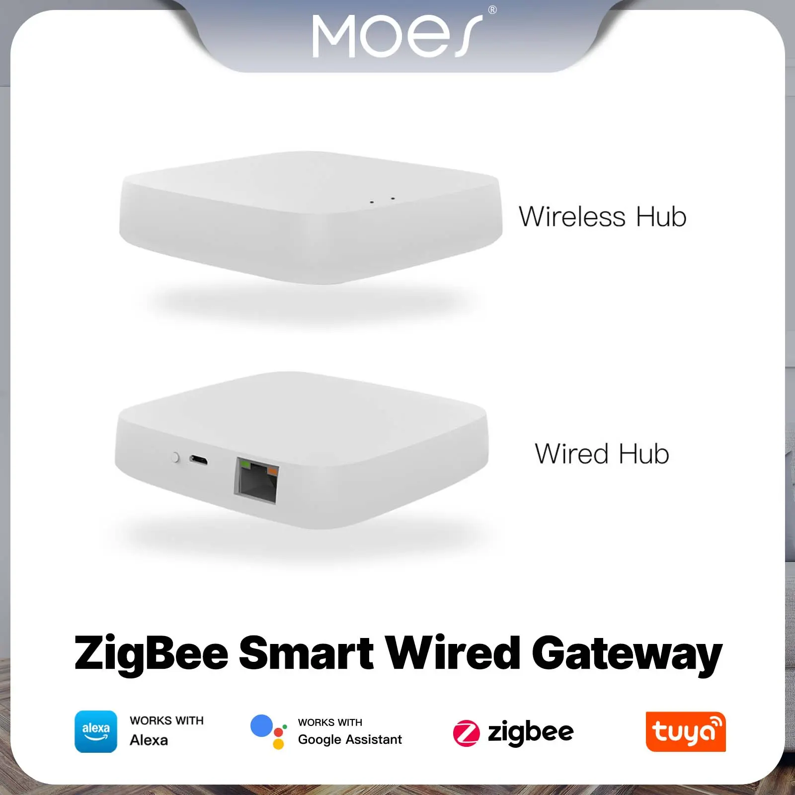 MOES Tuya ZigBee 3.0 Hub - Wired/Wireless Smart Home Gateway, Smart App Controlled Voice Control Bridge, Compatible with Alexa & Tuya Devices for Security, Voice Smart Control