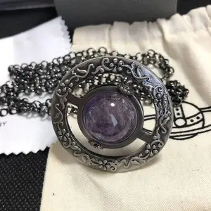 High Jewelry Retro S925 Silver Carved Black Purple Pearl Saturn Necklace TideGift
