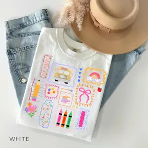 Comfort Colors Trendy Teacher Shirt, Colorful Doodle Back To School Shirt, Preppy Coquette School T-shirt, Girly Pink Bow Tee, Teacher Gifts women back to schools shirt