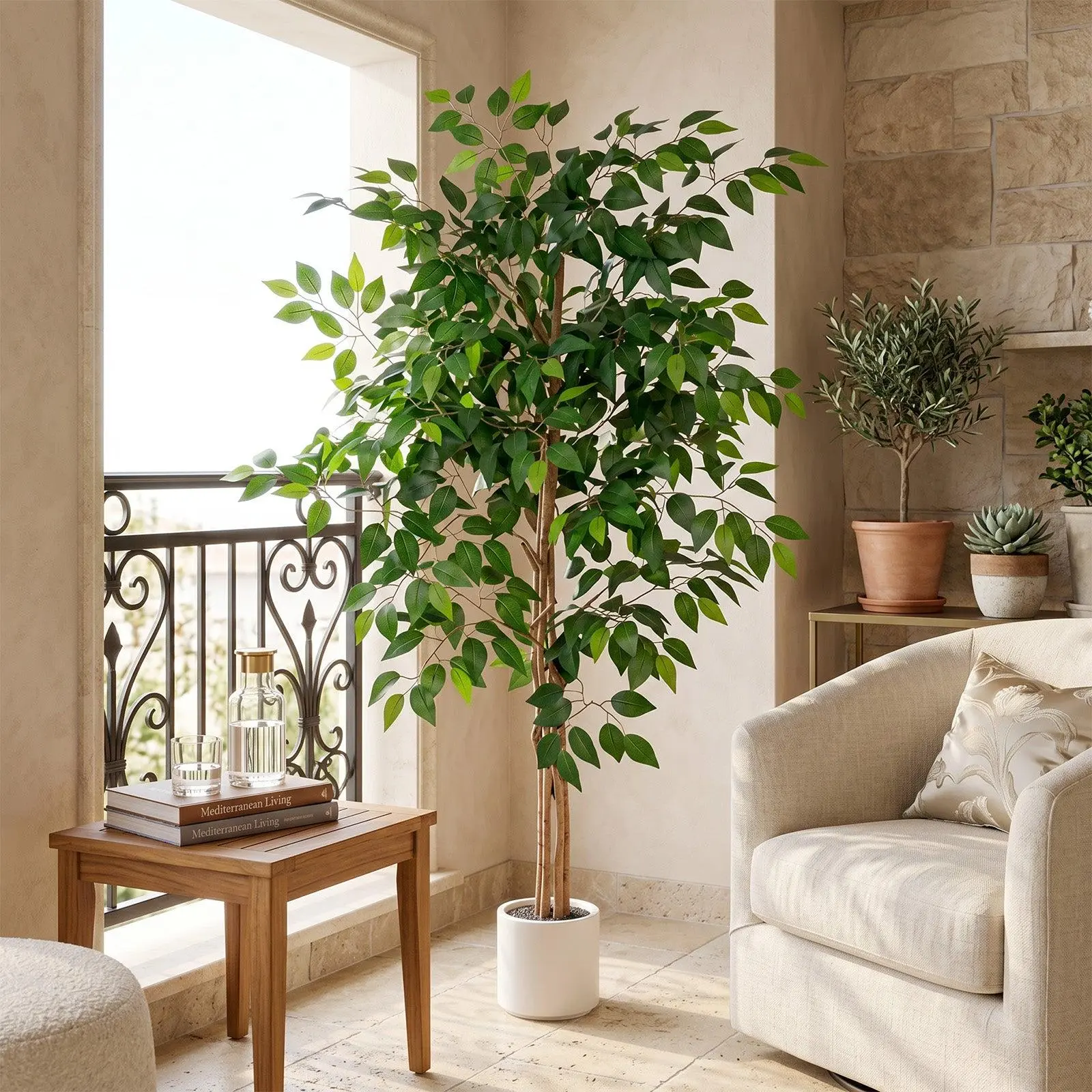 5FT Artificial Ficus Tree with White Planter, Realistic Faux Silk Plant, Indoor Outdoor Decorative Tree for Home, Office, Living Room, Porch & Garden
