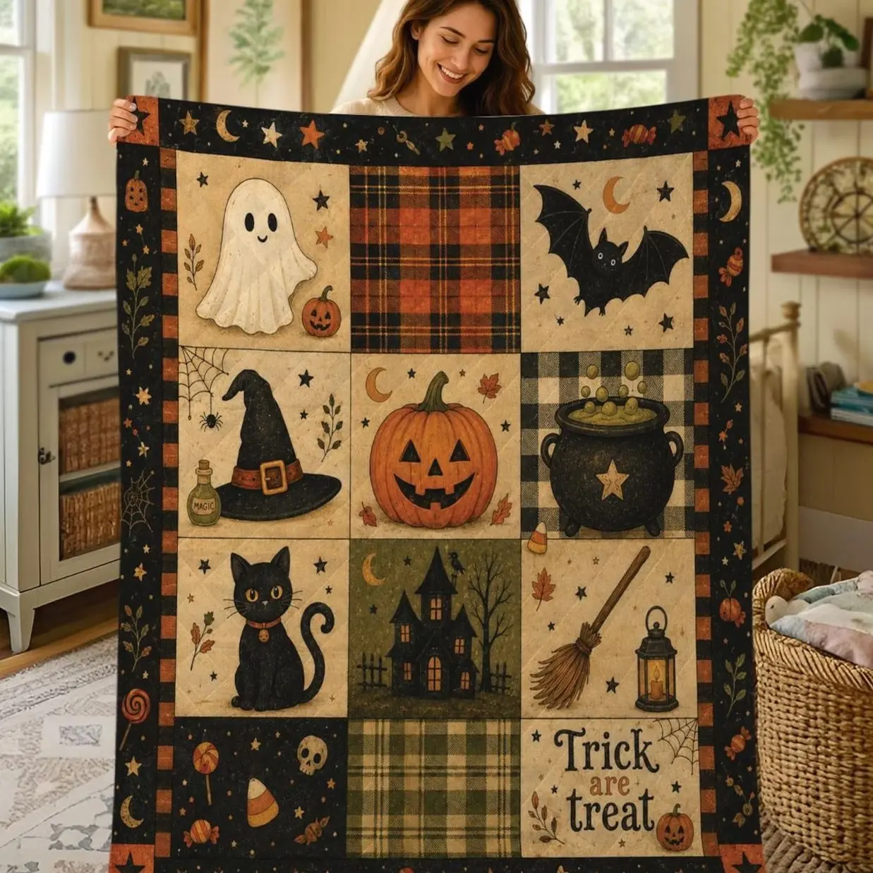 Halloween Quilt Blanket, Black Cat Ghost Pumpkin Throw, Rustic Autumn Patchwork Decor, Spooky Gift