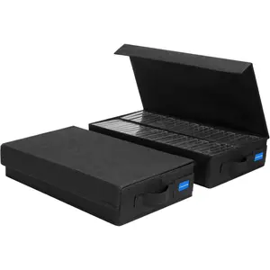 Cassette tape storage box with handles and lid, cassette tape holder and organizer with external label slots, stackable cassette storage rack, 2-pack black