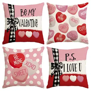 4pcs Valentine's Day Pillow Cover, Red Candy Romantic Sweet Love Bow Printed Cushion Cover 18x18 inches, Valentine's Day, Wedding Anniversary, Wedding, Couple Room Living Room Sofa Bedroom Seat Decoration Pillow Cover (without pillow core)