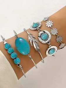 Boho Turquoise Feather Vintage Bracelet Set, Geometric Beaded Chain, Casual Style, All Seasons, Perfect Daily Wear & Holiday Gift