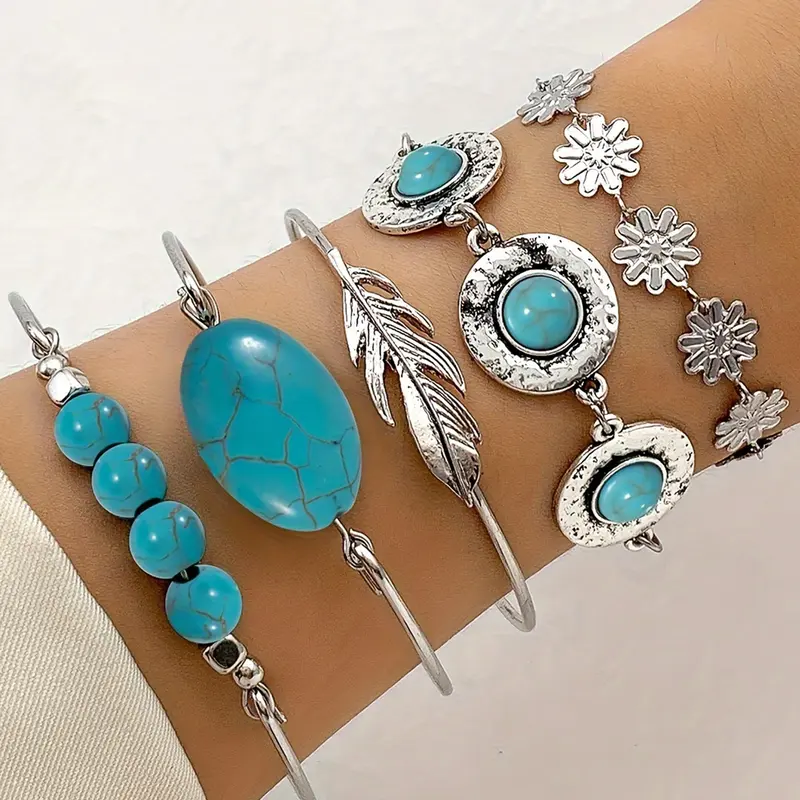 Boho Turquoise Feather Motifs Vintage Bracelet Set, Geometric Beaded Chain, Casual Style, All Seasons, Perfect Daily Wear & Holiday Gift, Bohemian Style, Alloy Material