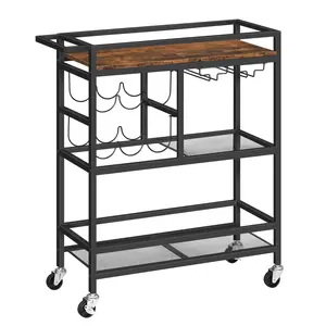 MAHANCRIS 3-Tier Bar Cart, with Wheels and Handle, Beverage Cart with Wine Rack and Glass Holders, for Kitchen, Dining Room, Rustic Brown