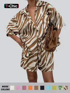 Women's Solid / All Over Print Co-ord Set, Casual Short Sleeve Button Front Collared Shirt & Tie Front Pocket Shorts Two-piece Set, Women's Clothes for Summer Daily Wear, National Day Clothing