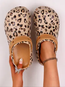 Women's Leopard Print Sandals, Thick Soft Sole, Two-Way Wear Home Garden Shoes, Lightweight Anti-Slip Eva Slippers, Breathable Hollow Out Beach Sandals