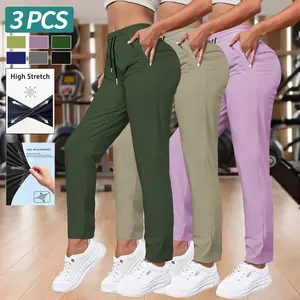 Women’s summer ice silk athletic pants with a drapey feel, high waist with elastic drawstring cuffs, side zipper pockets, slimming versatile casual long pants