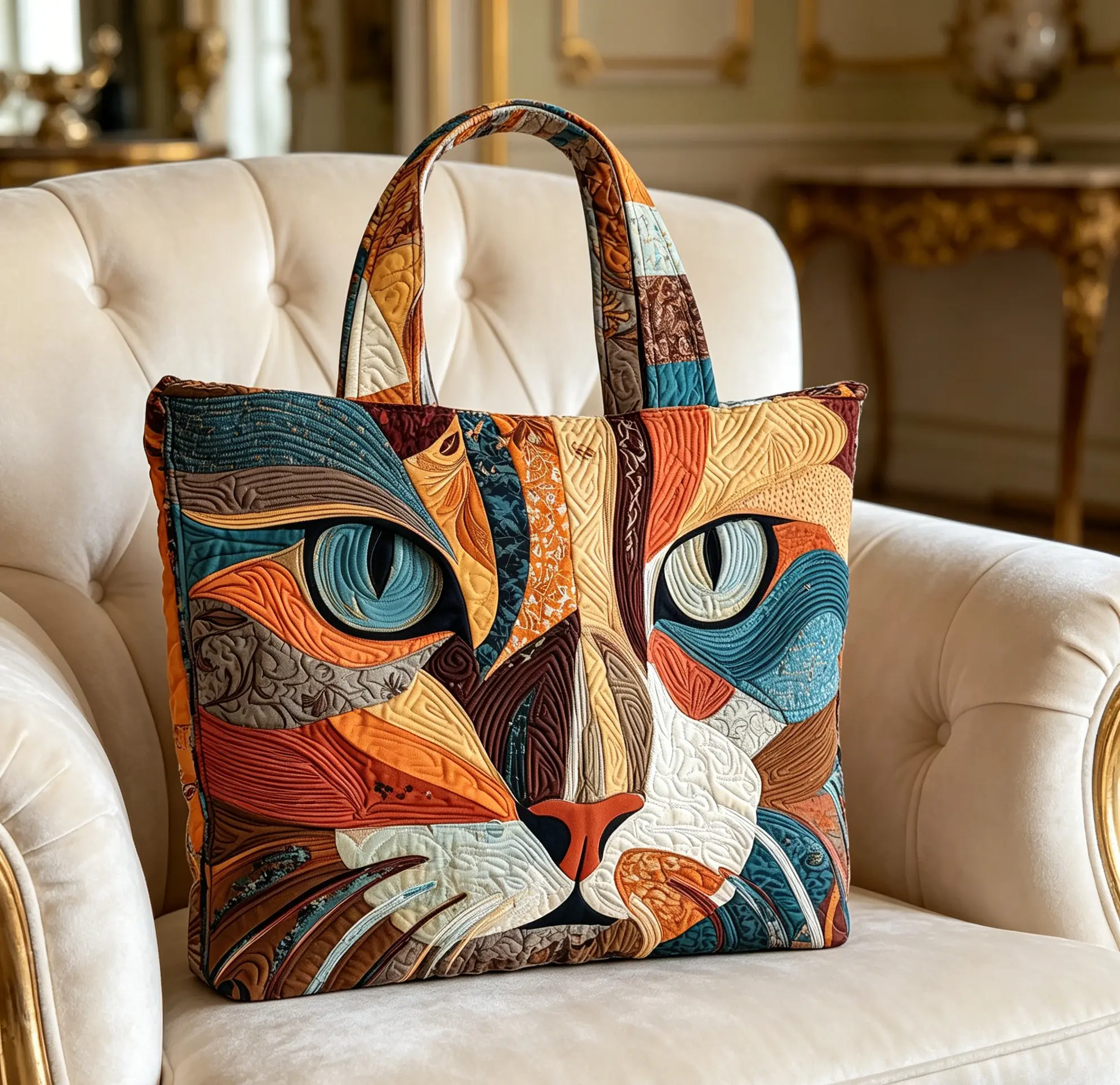 3D Visual Effects Quilted Cat Face Patchwork Tote Bag - Bohemian Large Waterproof Vintage Casual Storage Shoulder Bag, Quilting Daily Shopping Handbag, Cute Gift for Her