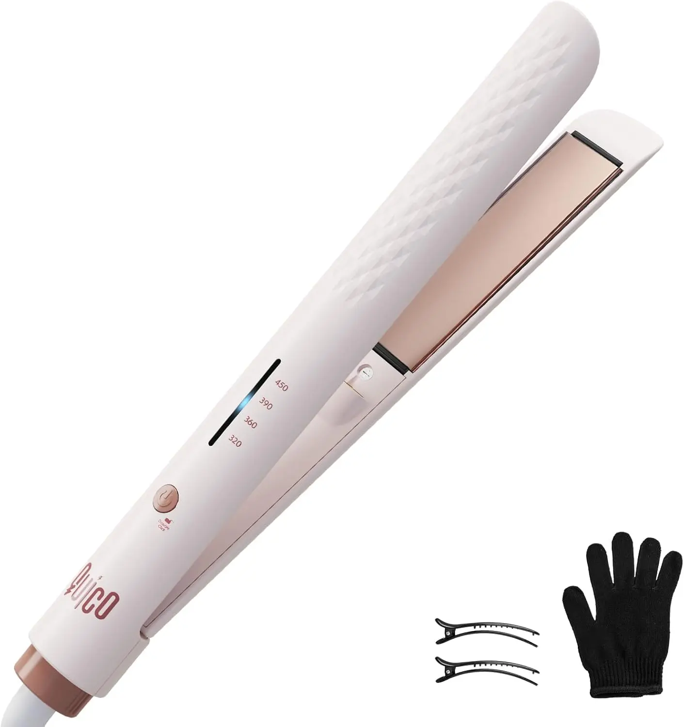Quico Hair Straightener, 110-240V Flat Iron Hair Straighteners for Women | Pink Travel Straighteners 15s Fast Heat, Ceramic Negative Ion Plate, 320-450℉, Temp Memory, Auto-Off, with Glove&Clips, Gift