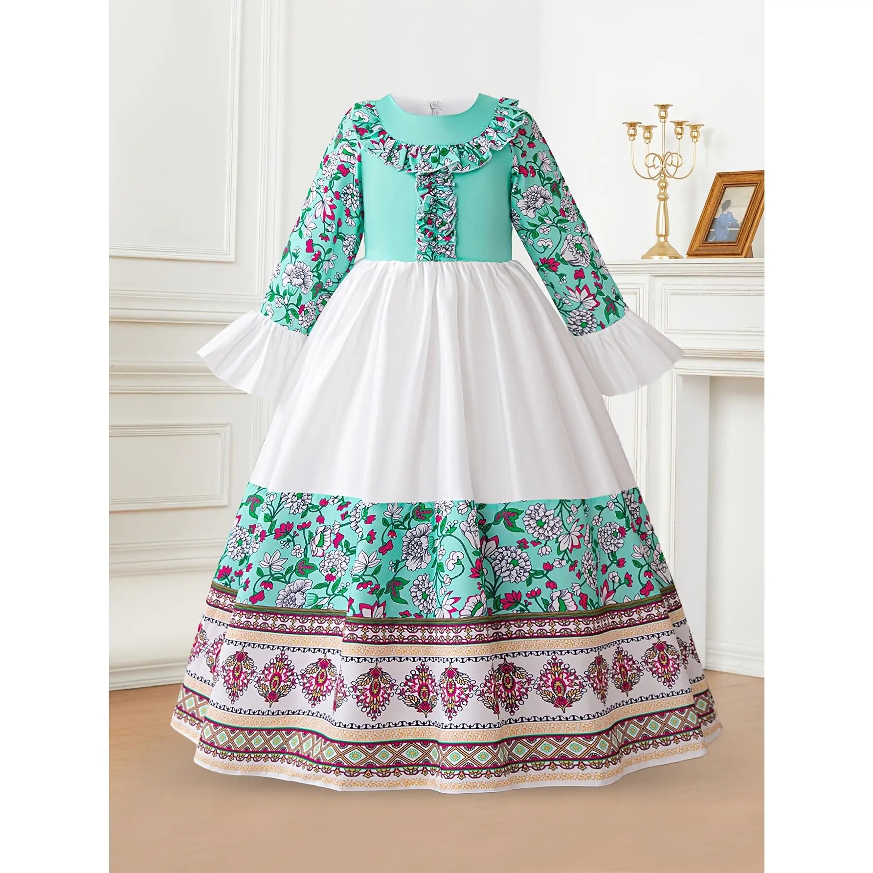 Girls' Elegant Long-Sleeve Embroidered Arab Kaftan Dress - Green Floral Patchwork Design with Belt, Perfect for Performances & Special Occasions, Gift