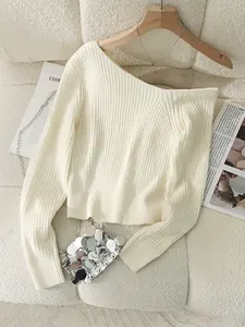 Women's Asymmetrical Knit Sweater, Long Sleeve Pullover, Casual Fashion for Spring & Fall, Elegant One-Shoulder Design