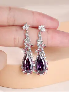 Luxurious and Charming Purple Teardrop Synthetic Zirconia Silver Ladies' Fashionable Earrings, Ladies' Sparkling Jewellery Gift Party Accessories