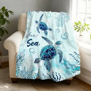 Blue Sea Turtle Flannel Blanket Super Soft Cozy Throw Blanket , Lightweight Fuzzy Comfy Textured Flannel Blanket Warm Plush Throw Blankets for Couch, Sofa, Bed