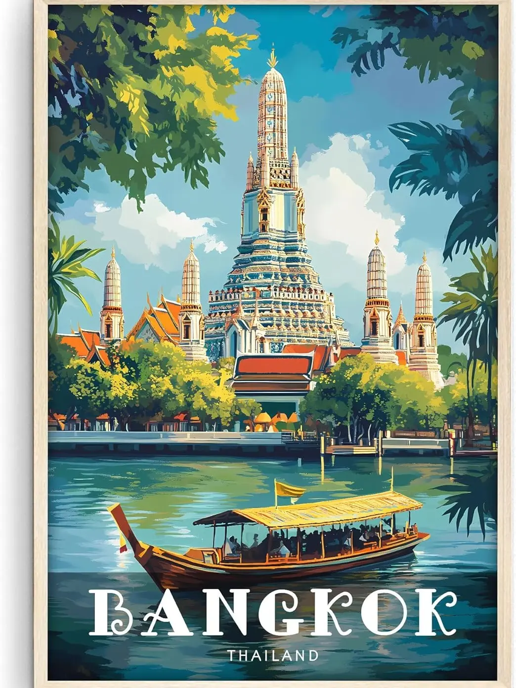 Bangkok Poster, Travel Poster, City Prints Wall Decor, Travel Wall Art, Thailand Temple Architecture Print, Colorful Vintage Decor For Bedroom, Living Room, Home Office, UNFRAMED