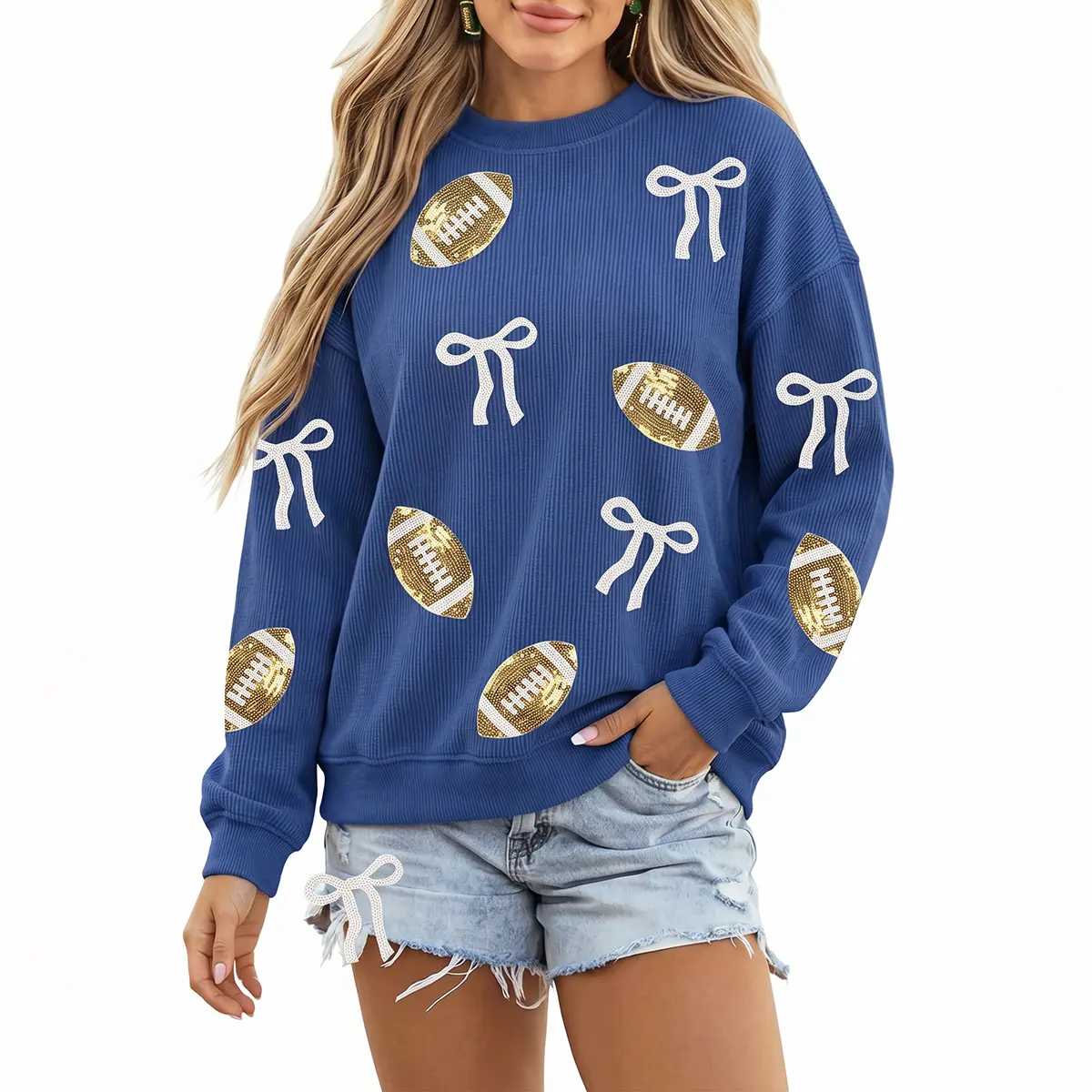 Mntaor Game Day Dark Blue Corded Rib Sweatshirt – Gold Sequin Football & White Bow Graphic, Dropped Shoulder Oversized Fit for Tailgate Parties, Stadium Nights, Cheer Squad Spirit Wear