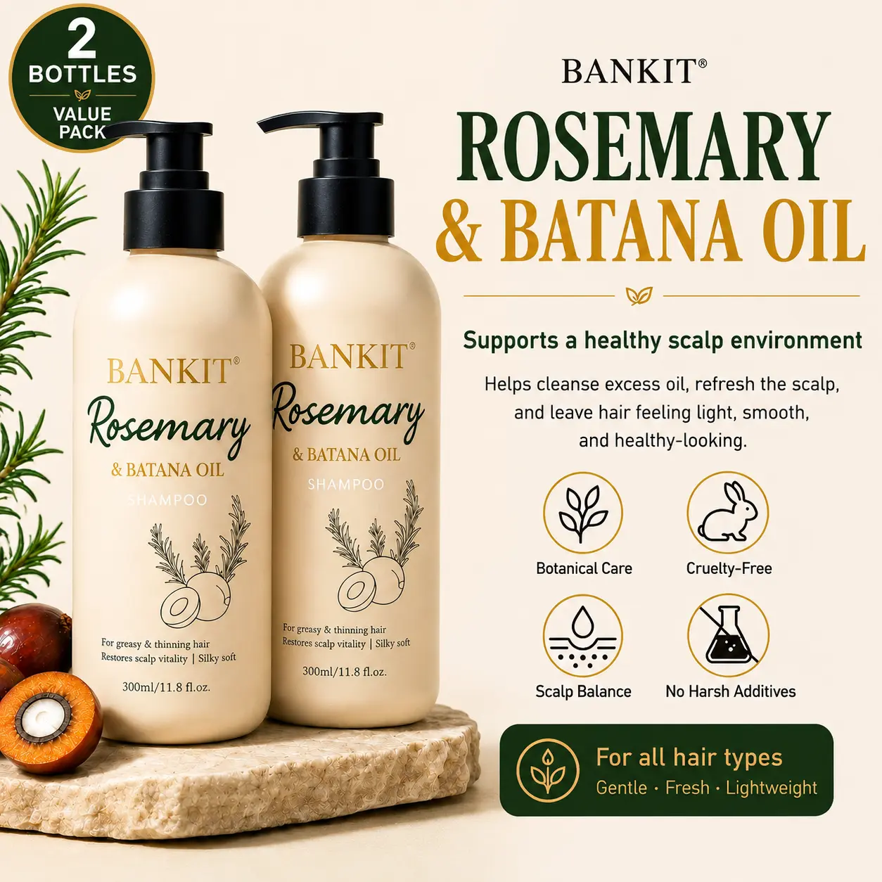 [2 Bottles] BANKIT Rosemary & Batana Oil Hair Growth Shampoo | Helps Reduce Oily Scalp & Dandruff, Soothe Scalp Irritation & Restore Smooth, Healthy Shine
