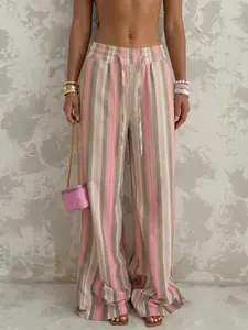 Pink & Green Striped Wide Leg Linen Blend Pants | Drawstring Waist Adjustable Beach Cover Up | Lightweight Breathable Summer Vacation & Resort Wear | Viral TikTok Y2K Coastal Boho Aesthetic Outfit Essential for 2026 Poolside & Beach Days Womenswear Bottom