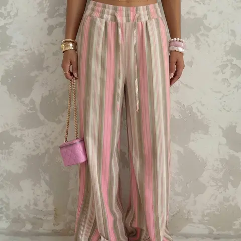 Pink & Green Striped Wide Leg, Bohemian Wide Leg, Casual Linen Blend Pants, Casual Bottoms, Drawstring Waist Beach Cover Up, Lightweight Breathable Summer Resort Wear, Coastal Boho Aesthetic for Poolside & Beach Days Womenswear Bottom