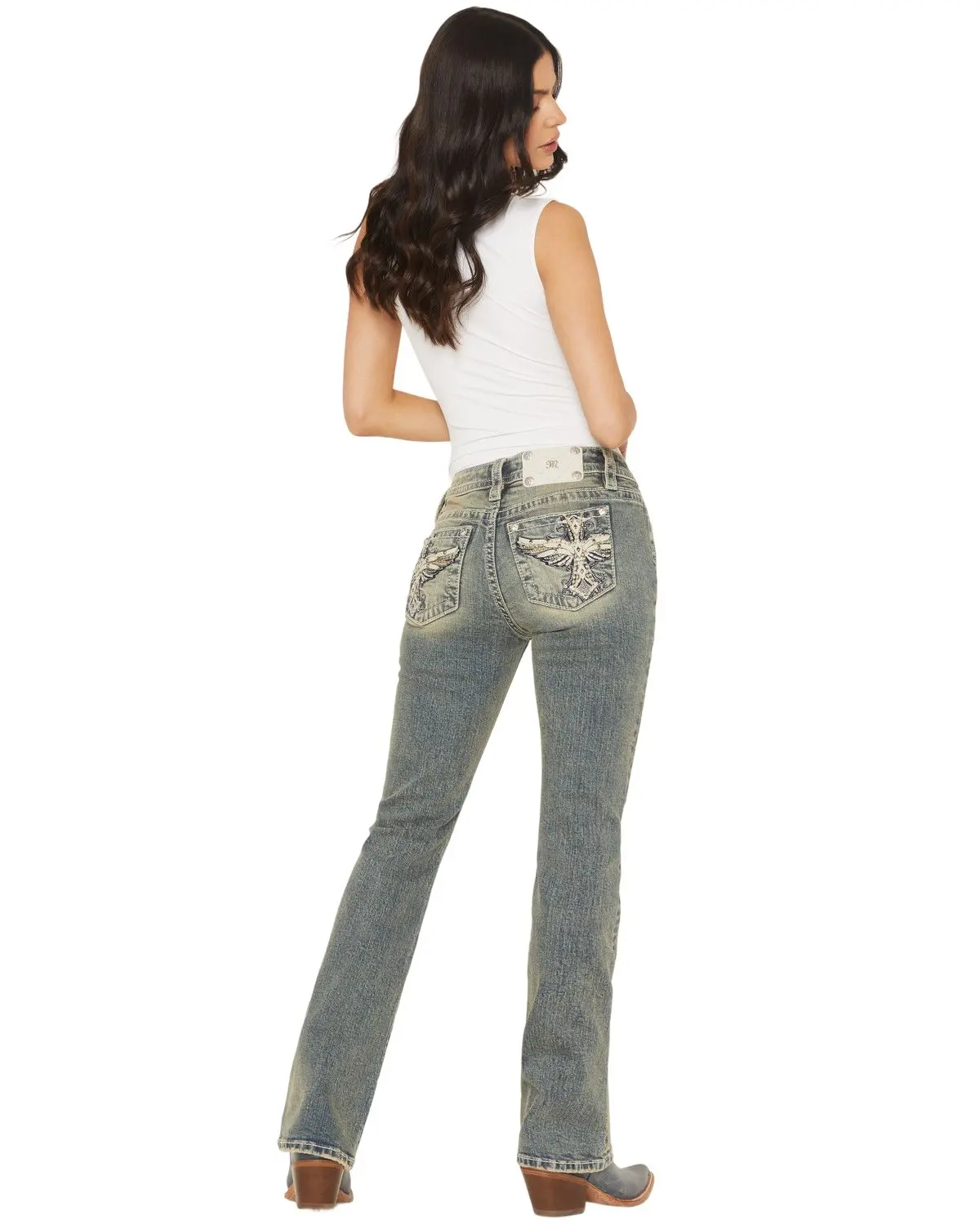 Miss Me Women's Women'S Dark Wash Mid Rise Winged Pocket 32" Bootcut - M9527bv