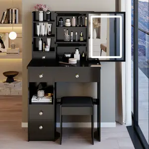 29.2" Small Size Left Drawer Desktop Vanity Table + Cushioned Stool, Large Sliding, Touch Control, Tri-color Switching, Brightness Adjust LED Mirror, High Capacity Storage, Suitable for Small Space