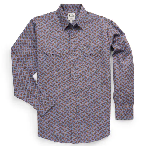 Men's Cotton Western Inspired Casual Long Sleeve Cowboy Shirt - Blue Denim, Pocket Design, Ranch/Rodeo Use, Authentic Front & Back Western Yokes, Snap Cuffs, Cowboy Print, All Season Wear