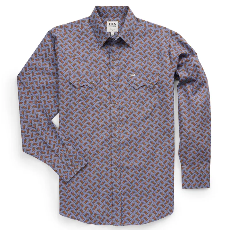 Men's Cotton Western Inspired Casual Long Sleeve Cowboy Shirt - Blue Denim, Pocket Design, Ranch/Rodeo Use, Authentic Front & Back Western Yokes, Snap Cuffs, Cowboy Print, All Season Wear