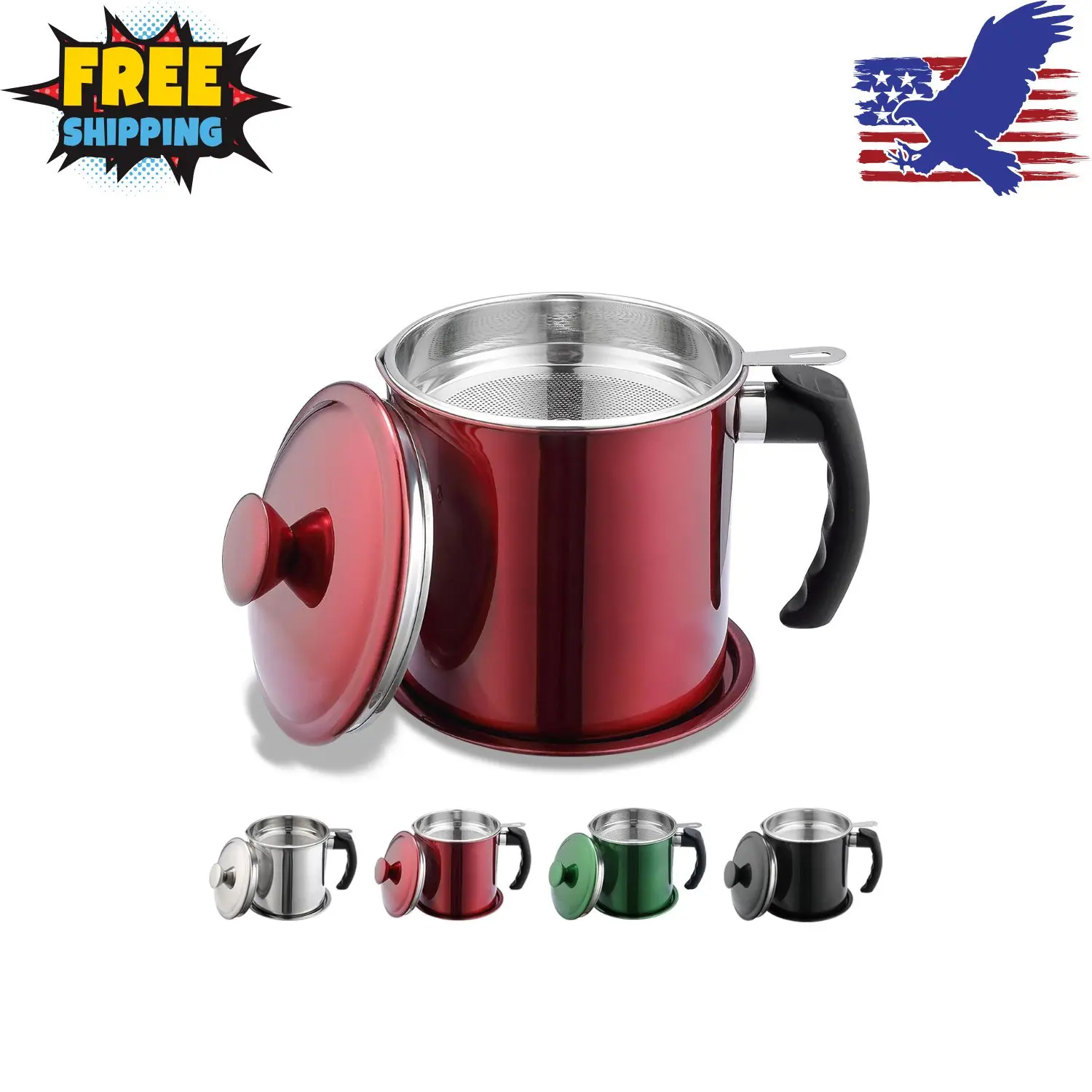 Bacon Grease Container With Strainer, 48 oz Metal Shining Red Stainless Steel Oil Container