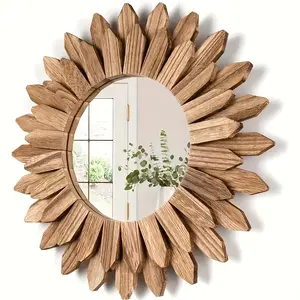 Bohemian Sunflower Wooden Mirror-Chic Wall Decor for Living Room, Bedroom, Entryway-Elegant Home Accent