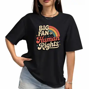 “Big Fan of Human Rights” retro rainbow women’s short-sleeve T-shirt — “Radicalized by Basic Decency,” streetwear