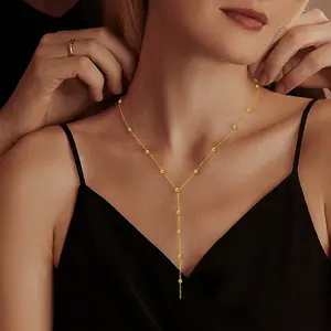 Gold Necklace for Women – Dainty Beaded Lariat Y-Shaped Necklace, 18K Minimalist Drop Pendant Jewelry for Everyday, Layering & Gift Giving