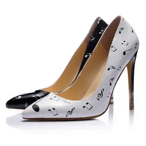 Women's Sexy Dress Cute Black White Music Note Spike Heels/Bright Printed Stiletto High Heels/Elegant Wedding 4.7 Inches Closed Toe Wide Fit Heels Shoes