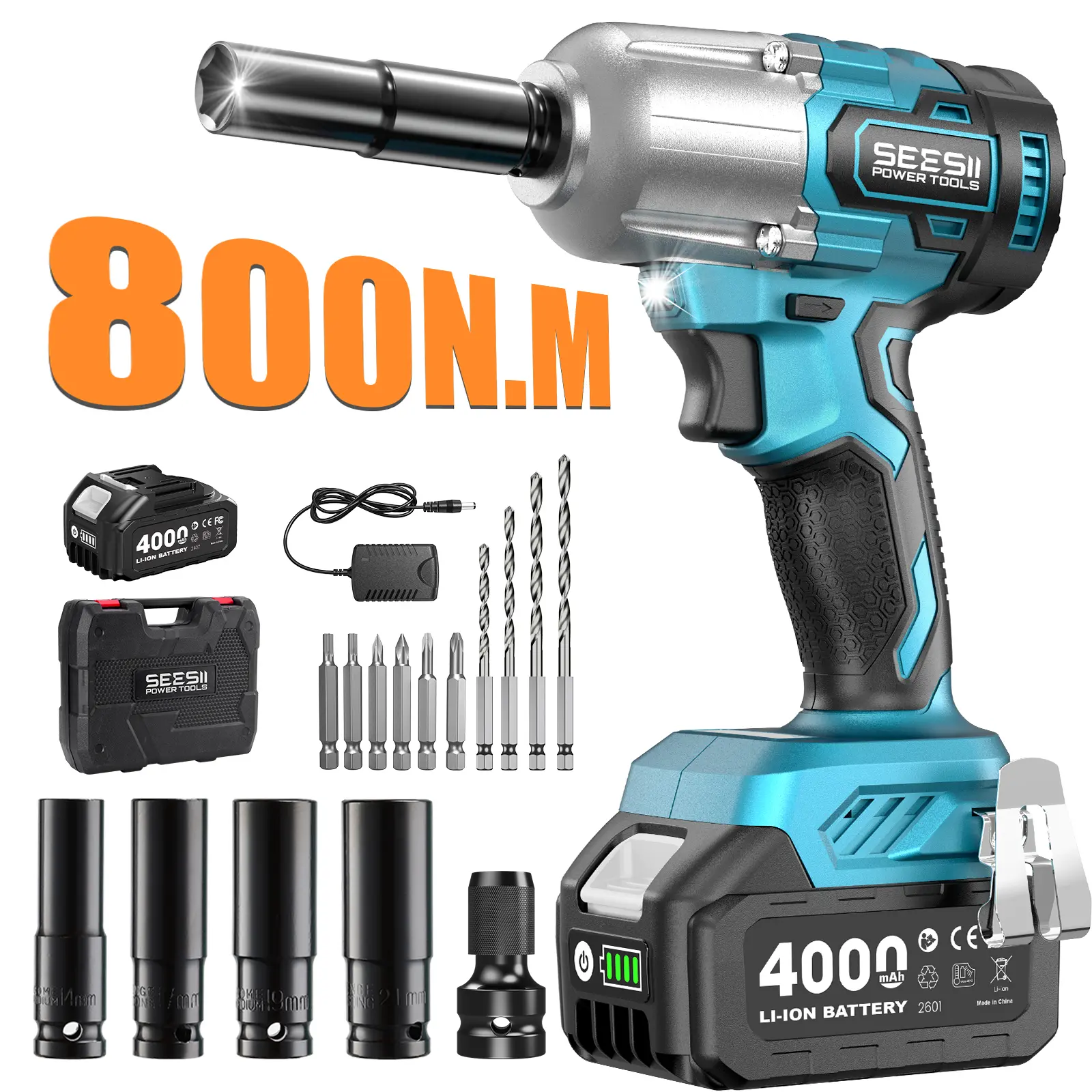 SEESII Impact Wrench WH650 Pro, 3‑in‑1 Cordless 1/2‑Inch Impact Wrench,590 Ft‑Lbs (800N.m), 4.0Ah Rechargeable Battery, 4 Sockets, Drill & Screwdriver Bits Kit for Tire Changing, Auto Repair, Construction & Household DIY Projects