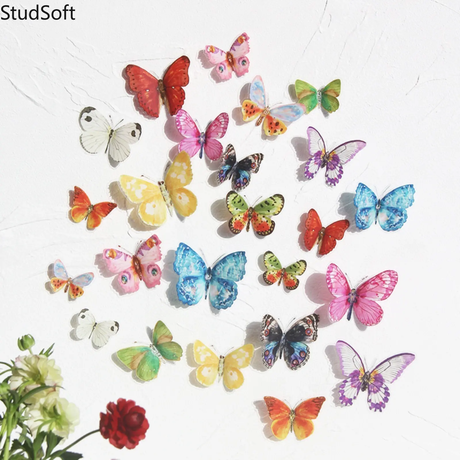 24-Piece Whimsical Watercolour Butterfly Adhesive Vinyl Wall Stickers - 3D Flower-Frame Shadow Design, Bag Accessory Compatible, for Room Decor, House Decor, Decorating My Apartment, Spring Wedding Accents, Sticker Deco, Home, Renter Friendly, Adhesive Sh