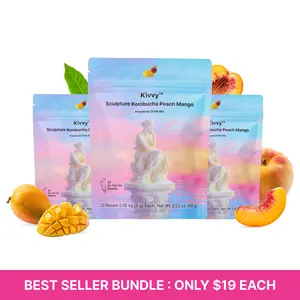 Kivvy Korean Debloat Kombucha Drink 3-Pack (60 Servings) Peach Mango Flavor with Lemon Balm & Lion's Mane for Gut Cleanse & Digestion Zero-Calorie Edible Natural