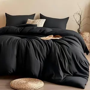 3PCS Black Twin Comforter Set with 2 Pillowcases, Brushed Microfiber Black Comforter Twin Lightweight, All Season Soft Bedding Hotel Luxury