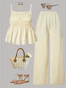 Casual Wrinkled Texture Tank Top & Wide Leg Pants Set, Womenswear, Perfect for Daily Wear, Vacation, Sister Photos, Spring Summer Clothing