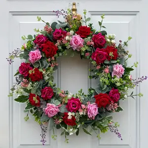Romantic Rose Wreath, Light and Deep Roses with Eucalyptus and Lamb's Ear, Rustic Farmhouse Style Decor for Porch and Entrance, Faux Flower Wreath